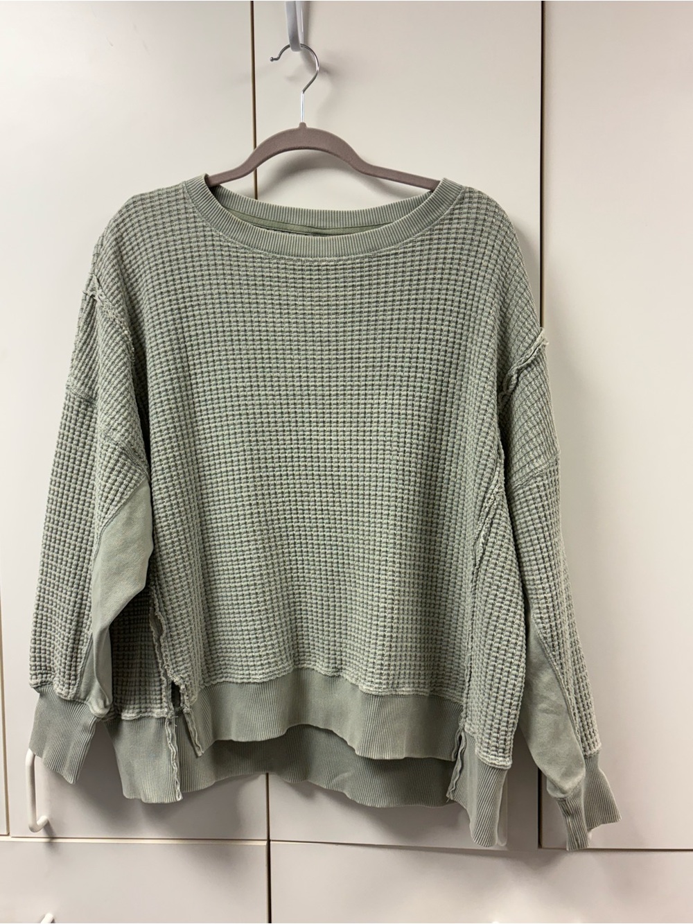 American Eagle Outfitters Over-sized Waffle-Knit Crewneck Sweater - Sage